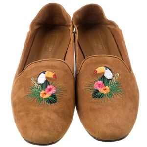 Aquazzura Suede Embroidered Toucan Tropical Accent Loafers